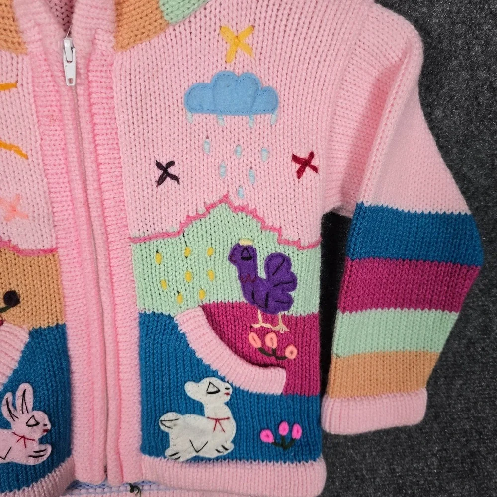 Vintage Peruvian Sweater Size 3T Boho Alpaca Zip Hoodie Hand Knit Pink